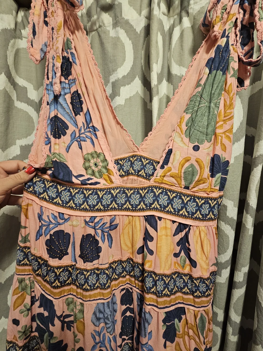 Farm Rio Seashell Tapestry Tiered Pink Midi Dress - Picture 9 of 11